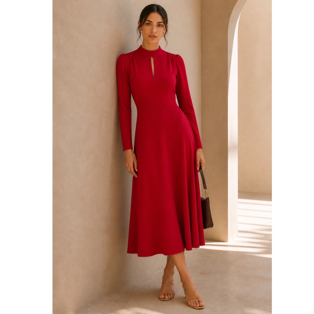 LEWIT Dahlia Fit and Flare Women 6 Midi Dress Garnet Classic Feminine